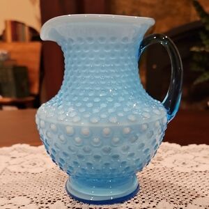Kanawha Sapphire Blue Hobnail Glass Overlay Pitcher Jug w/Applied Handle